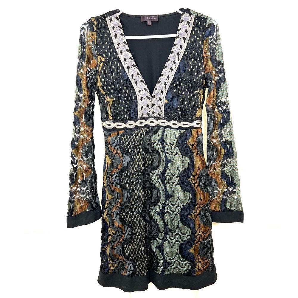 Hale Bob Dress Retro 70’s Bell Sleeve Lace Earth Tone  Tunic Mini Size XS